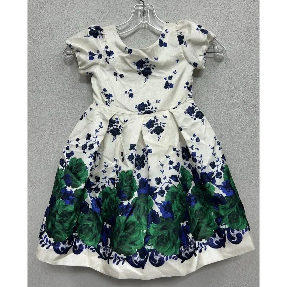 Janie & Jack Floral Dress Sz 3 Satin Ivory Blue & Green Formal Occasion Holiday